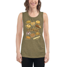 Load image into Gallery viewer, A woman is wearing the Cookie Lovers Women&#39;s Muscle Tank Top in the colour olive green, which is printed with a graphic of 10 different types of cookies
