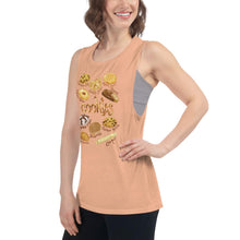 Load image into Gallery viewer, A woman is wearing the Cookie Lovers Women&#39;s Muscle Tank Top in the colour peach, which is printed with a graphic of 10 different types of cookies
