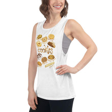 Load image into Gallery viewer, A woman is wearing the Cookie Lovers Women&#39;s Muscle Tank Top in the colour white, which is printed with artwork of 10 different types of cookies

