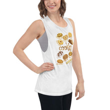 Load image into Gallery viewer, A woman is wearing the Cookie Lovers Women&#39;s Muscle Tank Top in the colour white, which is printed with a graphic of 10 different types of cookies
