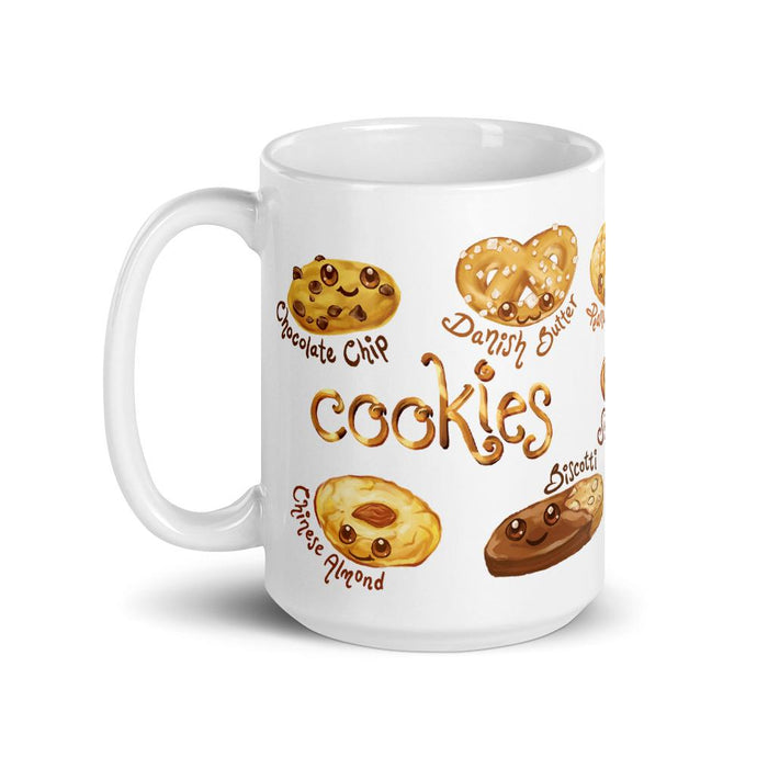 The Cookie Lovers Smile Mug in 15 oz size, includes a print of 10 different cookies with cartoon faces on them