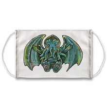 Load image into Gallery viewer, A white reusable face mask, printed with art of Cthulhu with hands stretched out for a hug
