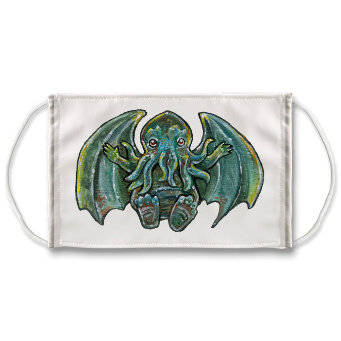 A white reusable face mask, printed with art of Cthulhu with hands stretched out for a hug