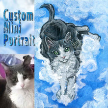 Load image into Gallery viewer, A custom portrait painting is ACEO sized (2.5&quot; by 3.5&quot;) featuring a gray and white cat
