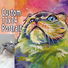 Load image into Gallery viewer, a custom pet portrait on 11x14 inch canvas, of a gray and white cat painted with rainbow colours
