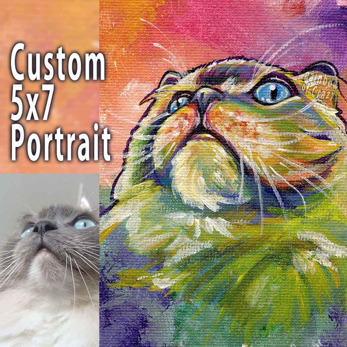 a custom portrait of a gray and white cat, painted with rainbow colours on 5x7 inch canvas