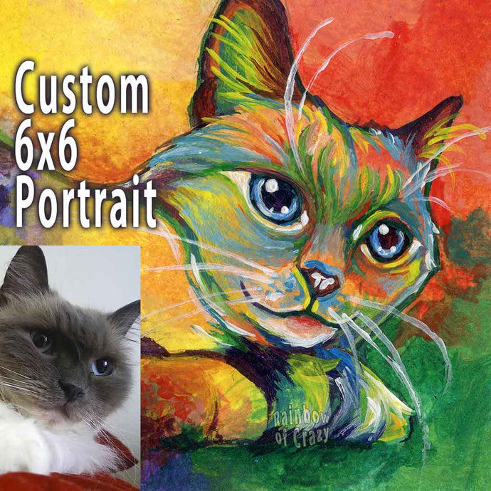 a custom 6x6 inch painting, featuring a white and gray cat, painted in rainbow colours.