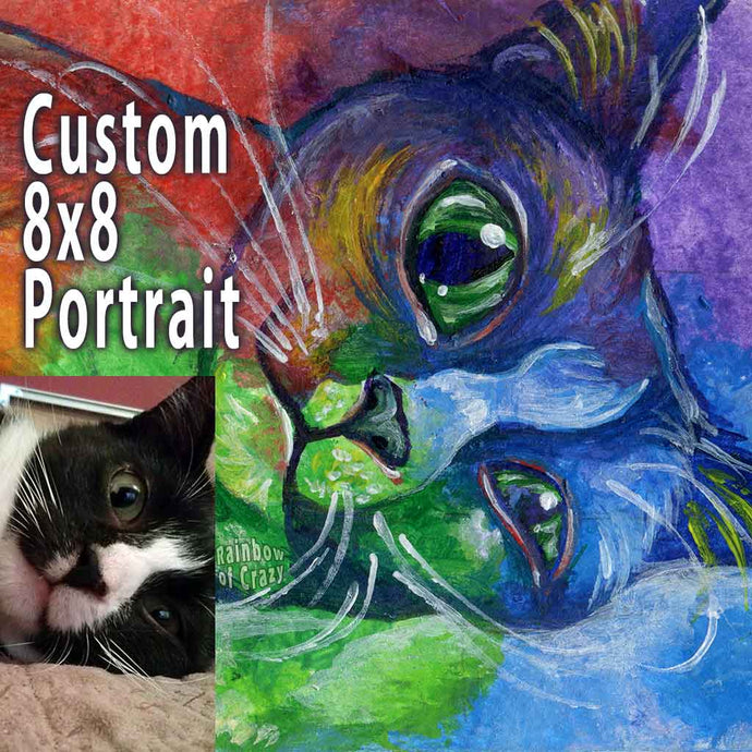 a custom pet portrait on 8x8 inch canvas, of a black and white cat painted with rainbow colours