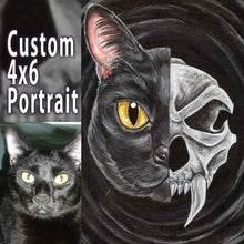 Load image into Gallery viewer, a custom split portrait painting of a black cat. on the left side: a black cat&#39;s face, on the right: its dark, stylized skull
