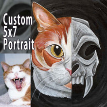 Load image into Gallery viewer, a custom split portrait painting. on the left side: an orange and white cat&#39;s face, on the right: its dark, stylized skull
