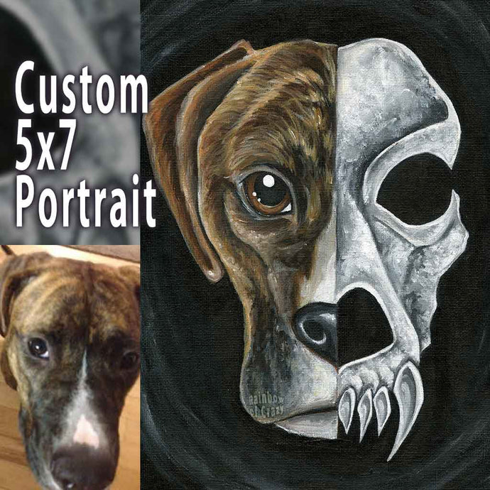 a custom split portrait painting of a brown dog. on the left side: a dog's face, on the right: its dark, stylized skull