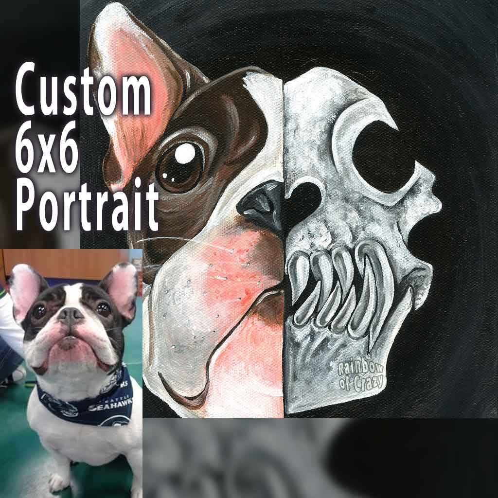 a custom painting split into two halves. The left side, half of an english bulldog's face. The right side, a stylized dog skull. painted on a 6x6 inch canvas board