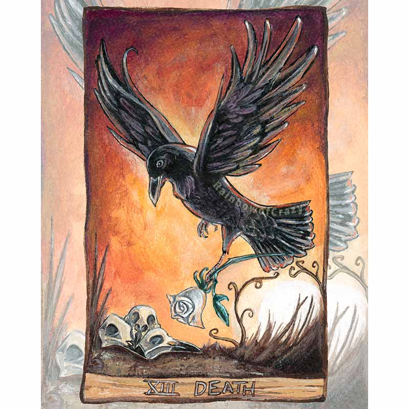 an art print of the death tarot card, from the animism tarot: a raven rises up against a sunset sky, holding a white rose, while raven skulls sit below.
