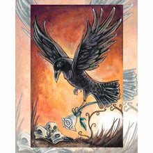 Load image into Gallery viewer, an art print of the death tarot card, from the animism tarot: a raven rises up against a sunset sky, holding a white rose, while raven skulls sit below.
