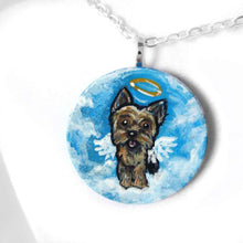 Load image into Gallery viewer, a lightweight wood disc, hand painted with the portrait of a yorkshire terrier as an angel, available as a keepsake or pendant necklace
