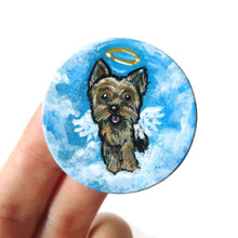 Load image into Gallery viewer, a lightweight wood disc, hand painted with the portrait of a yorkshire terrier as an angel, available as a keepsake or pendant necklace
