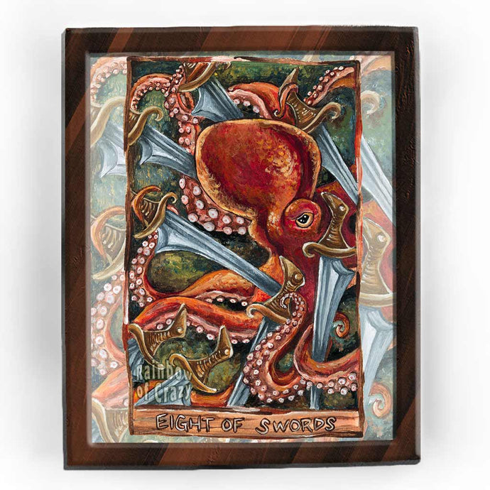 an art print of the eight of swords, from the Animism tarot deck: a red octopus is surrounded by eight swords, seemingly trapped.