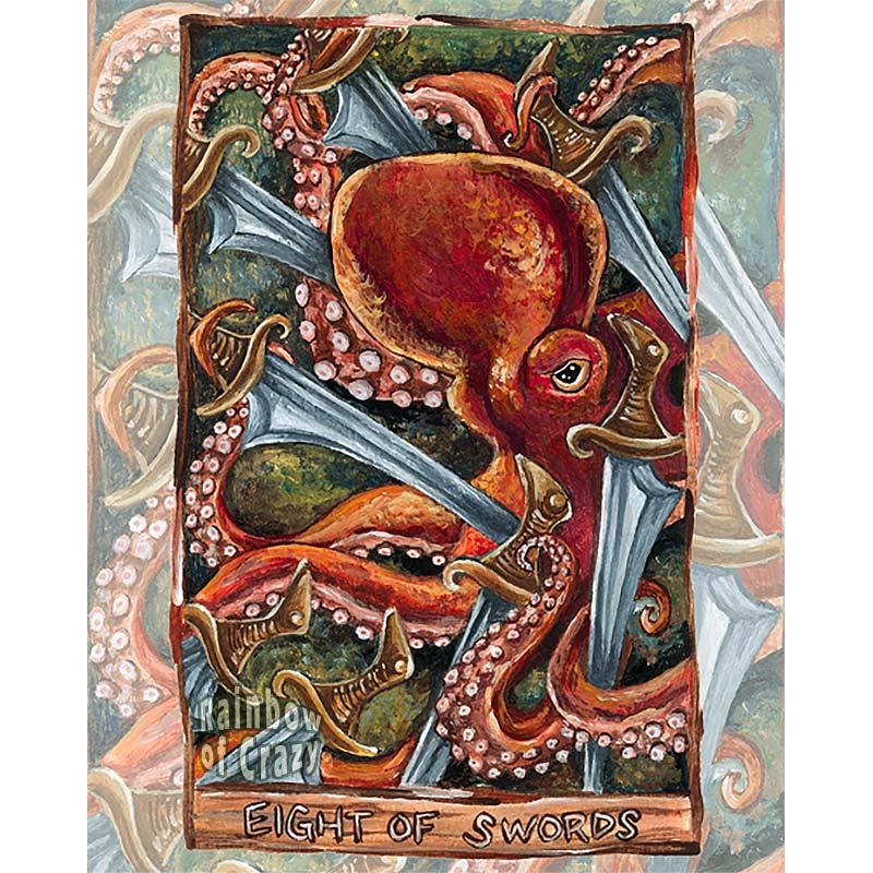 an art print of the eight of swords, from the Animism tarot deck: a red octopus is surrounded by eight swords, seemingly trapped. 