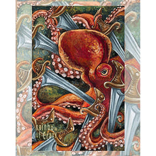 Load image into Gallery viewer, an art print of the eight of swords, from the Animism tarot deck: a red octopus is surrounded by eight swords, seemingly trapped. 
