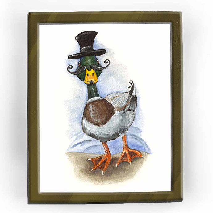 an art print featuring an illustration of a mallard duck wearing a black top hat and curly villain mustache
