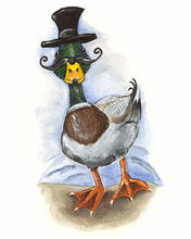 Load image into Gallery viewer, an art print featuring an illustration of a mallard duck wearing a black top hat and curly villain mustache
