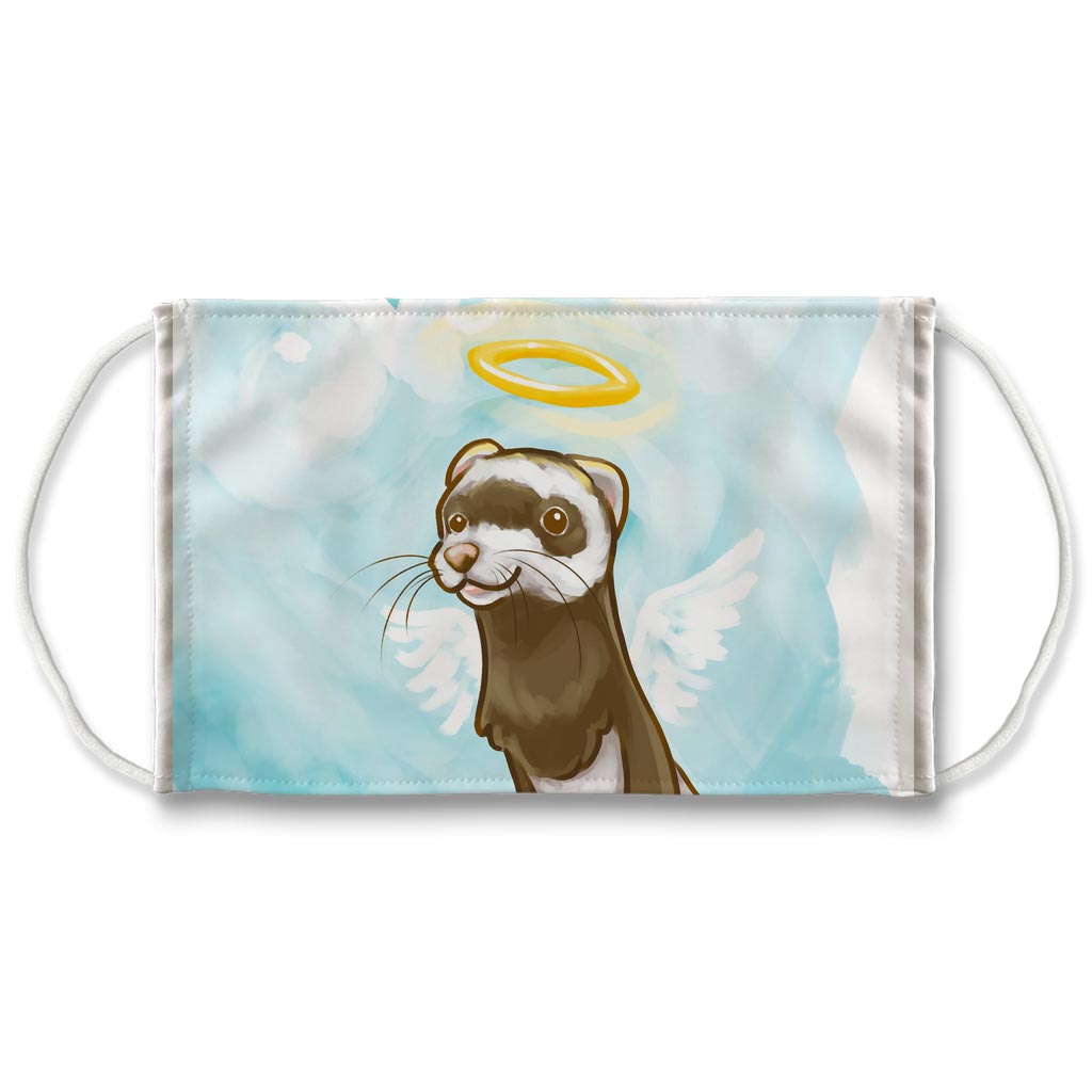 A white reusable face mask with art of a ferret with angel wings and a halo