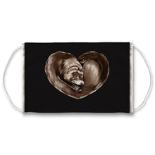 Load image into Gallery viewer, A black reusable face mask printed with art of a ferret in the shape of a heart.
