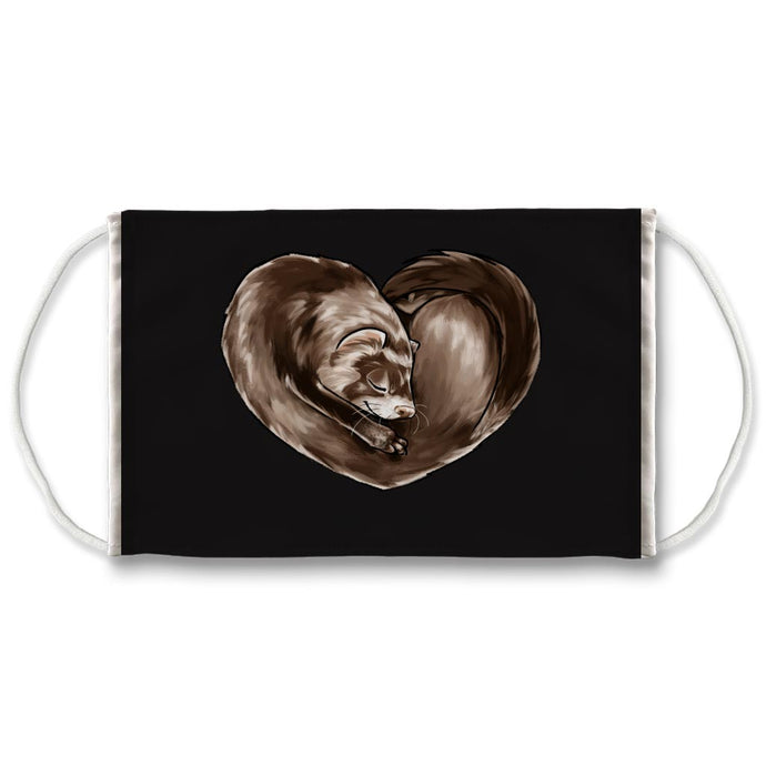A black reusable face mask printed with art of a ferret in the shape of a heart.