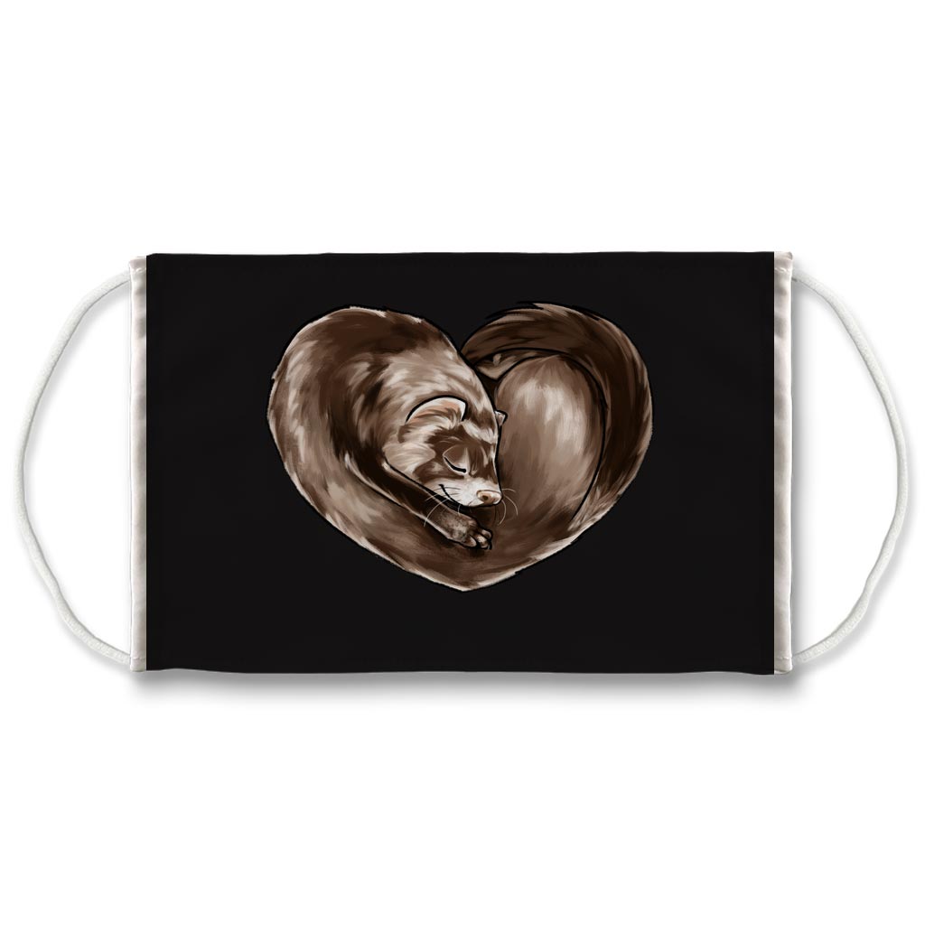 A black reusable face mask printed with art of a ferret in the shape of a heart.