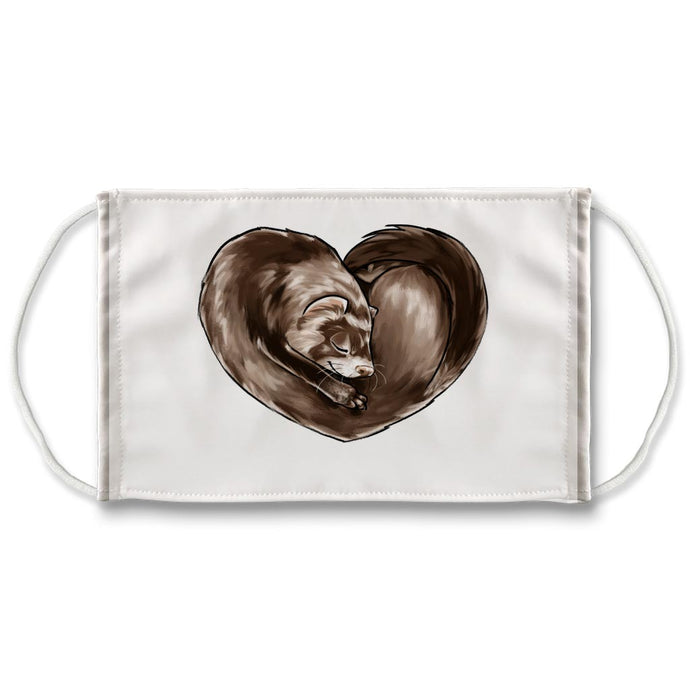 A white reusable face mask printed with art of a ferret, curled up in the shape of a heart