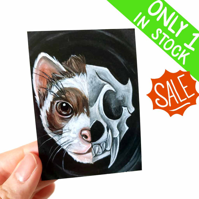 an aceo art print features a split image of an adorable ferret on one side, and a slightly scary, stylized ferret skull on the other.