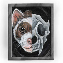 Load image into Gallery viewer, an art print featuring a portrait split into two halves: on the left side is a ferret&#39;s face, and on the right side is a dark, stylized ferret skull
