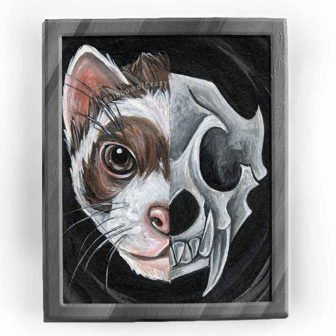 an art print featuring a portrait split into two halves: on the left side is a ferret's face, and on the right side is a dark, stylized ferret skull