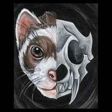 Load image into Gallery viewer, an art print featuring a portrait split into two halves: on the left side is a ferret&#39;s face, and on the right side is a dark, stylized ferret skull
