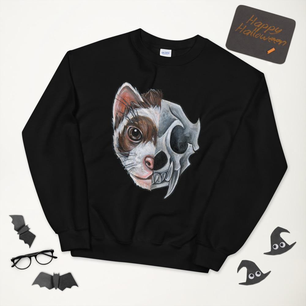 A unisex sweatshirt in the colour black, features a graphic of a split image: a ferret's face in the left side, and an evil ferret skull on the other. 