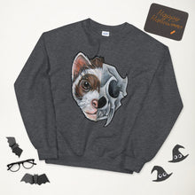 Load image into Gallery viewer, A unisex sweatshirt in the colour dark heather grey, features a print of a split image: a ferret&#39;s face in the left side, and an evil ferret skull on the other. 
