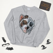 Load image into Gallery viewer, A unisex sweatshirt in the colour sport grey, features a print of a split image: a ferret&#39;s face in the left side, and an evil ferret skull on the other. 
