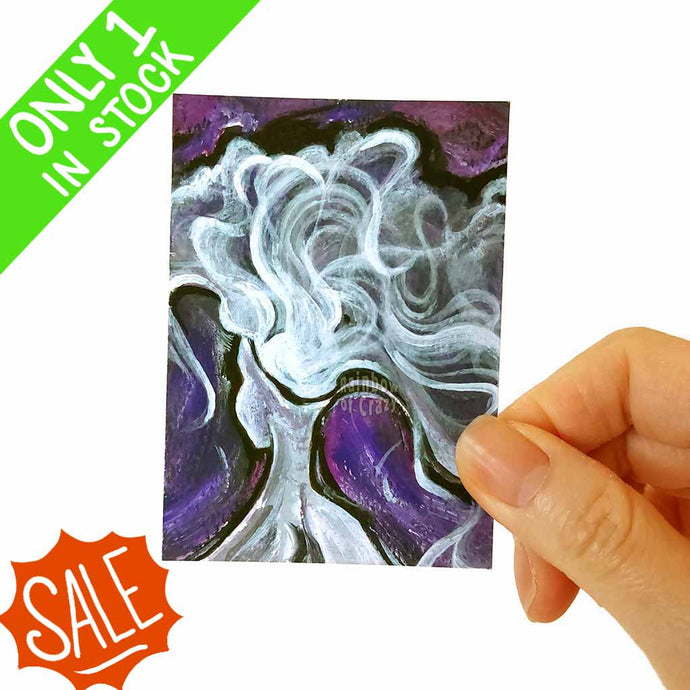 An aceo art print of a surreal portrait of a person whose head has opened up in a whirlwind of smoke-like fog