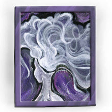 Load image into Gallery viewer, An art print with a surreal illustration, titled &quot;Fibro Fog&quot;, showing the back of a figure&#39;s head, which opens up, releasing a fog that drifts out against a purple background
