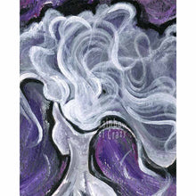Load image into Gallery viewer, An art print with a surreal illustration, titled &quot;Fibro Fog&quot;, showing the back of a figure&#39;s head, which opens up, releasing a fog that drifts out against a purple background
