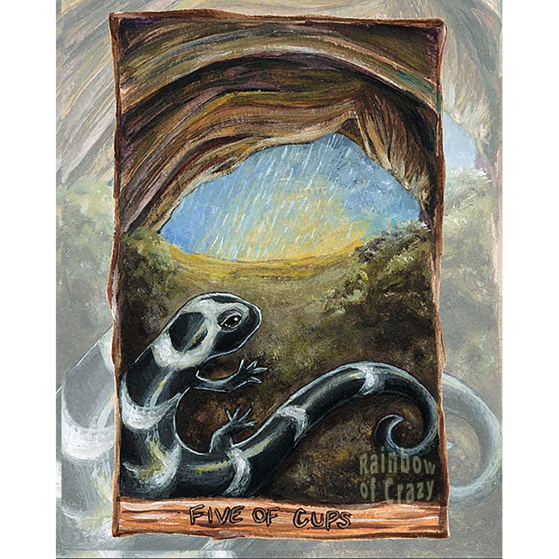 An art print of the five of cups card, from the animism tarot: a marbled salamander hides in a cave as the rain falls and the sun slowly rises
