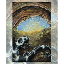 Load image into Gallery viewer, An art print of the five of cups card, from the animism tarot: a marbled salamander hides in a cave as the rain falls and the sun slowly rises
