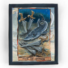 Load image into Gallery viewer, This art print features the Five Swords card from the Animism Tarot. A mako shark, battered and exhausted, rests on the sea floor, surrounded by five swords.
