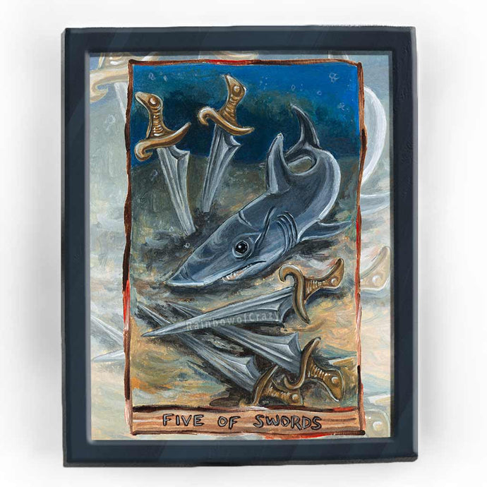 This art print features the Five Swords card from the Animism Tarot. A mako shark, battered and exhausted, rests on the sea floor, surrounded by five swords.