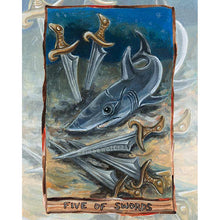 Load image into Gallery viewer, This art print features the Five Swords card from the Animism Tarot. A mako shark, battered and exhausted, rests on the sea floor, surrounded by five swords. 
