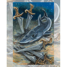 Load image into Gallery viewer, This art print features the Five Swords card from the Animism Tarot. A mako shark, battered and exhausted, rests on the sea floor, surrounded by five swords. 
