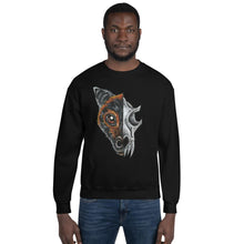Load image into Gallery viewer, A man is wearing a unisex sweatshirt in the colour black, which is printed with a split graphic: the left side features the face of a flying fox bat, and the right side features an evil looking bat skull
