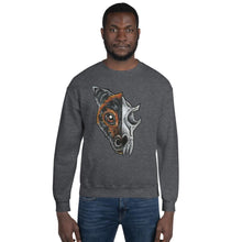 Load image into Gallery viewer, A man is wearing a unisex sweatshirt in the colour dark heather grey, which is printed with a split graphic: the left side features the face of a flying fox bat, and the right side features an evil looking bat skull

