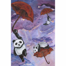 Load image into Gallery viewer, art print featuring three giant panda bears flying through a purple sky, each holding on to a red umbrella
