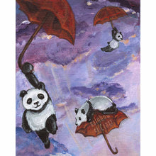 Load image into Gallery viewer, art print featuring three giant panda bears flying through a purple sky, each holding on to a red umbrella
